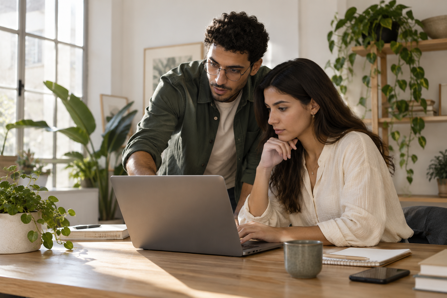 Two digital specialists reviewing a project together in a bright studio